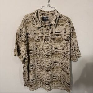 Vintage Woolrich Men's Fish Print Button Up Short Sleeve Sz XL TALL 100% Cotton